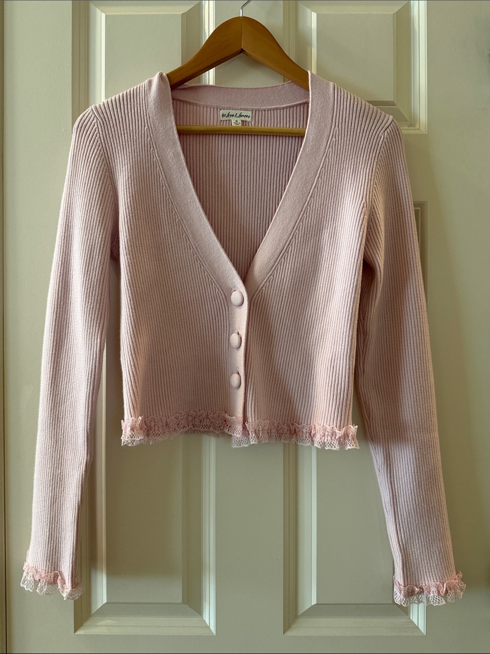 For Love & Lemons Blush Ribbed V-Neck Cardigan with Lace Hem